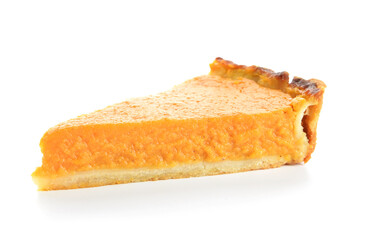 Piece of delicious pumpkin pie on white background