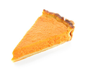Piece of delicious pumpkin pie on white background