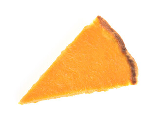 Piece of delicious pumpkin pie on white background