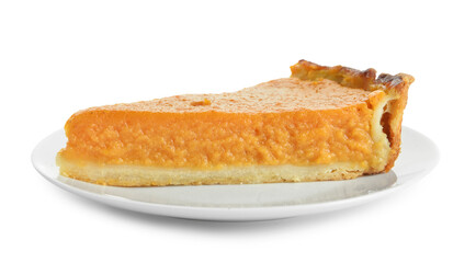 Plate with piece of delicious pumpkin pie on white background