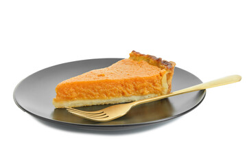 Plate with piece of delicious pumpkin pie on white background
