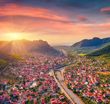 Fabulous summer view from flying drone of Leonidio town. Photography of  Peloponnese peninsula, Greece, Europe. Traveling concept background.