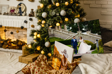 photo canvas wedding on background of christmas interior
