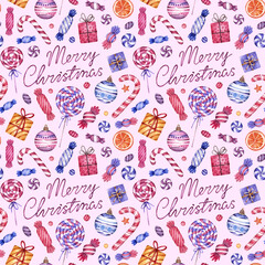 Watercolor Christmas seamless  pattern with a sweets, lollipops, gifts and lettering. Hand drawn texture on white background.