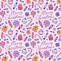 Foto op Plexiglas Watercolor Christmas seamless  pattern with a sweets, lollipops, gifts and lettering. Hand drawn texture on white background. © Екатерина Роменская