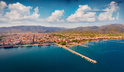 Aerial summer cityscape of Kalamata port. Beautiful morning seascape of Myrtoan Sea. Splendid...