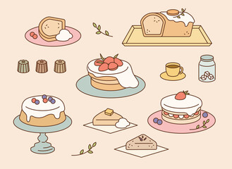 A collection of sweet bakery desserts. outline simple vector illustration.