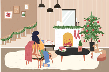 A woman is sitting in front of a fireplace. Her house is decorated for Christmas. flat design style vector illustration.