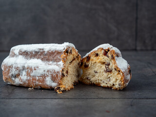 Christstollen, christmas stollen on gray background