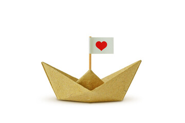 Origami boat made of recycled paper with flag and heart - Concept of immigration and solidarity