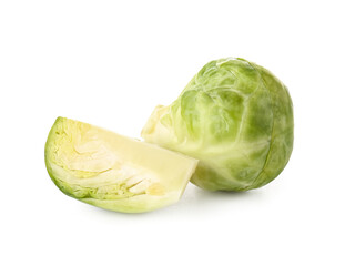 Cut ripe Brussels cabbage on white background