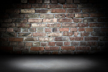 brick wall with black textured floor, background for placing the subject in the form of a room