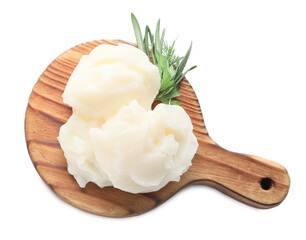 Board with lard and herbs on white background