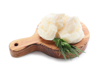 Board with lard and herbs on white background - obrazy, fototapety, plakaty