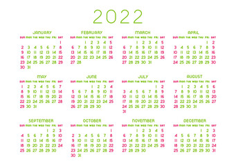 Vector isolated calendar 2022 on white board board. Colored month and days. Sunday to monday.