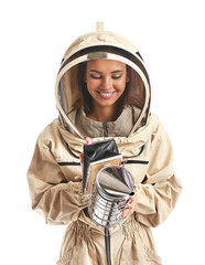 Female beekeeper on white background