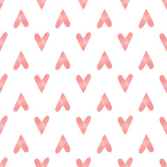 Seamless pattern with bright pink hand painted watercolor hearts. Romantic decorative background perfect for Valentine's day gift paper, wedding decor or fabric textile