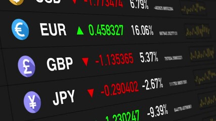 
Currencies comparison, currencies going up and down. Dollar, EUR, Pound Yen, Franc,  - Powered by Adobe