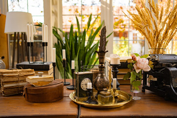 table decor in retro style. collecting vintage items. 