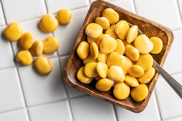 Pickled yellow Lupin Beans in bowl