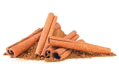 Cinnamon stick with powder isolated on a white background. Aromatic cinnamon sticks.