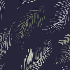 Vector seamless pattern with a floral motif. Palm leaves on a dark background. Great for fabrics, wallpapers, backgrounds, textiles