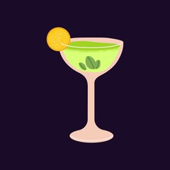 Alcohol drink in cocktail glass. Cold green beverage with mint leaf, tropical lemon fruit piece decor and liquor. Summer refreshment for party. Isolated colored flat vector illustration