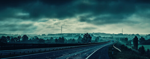 Fototapeta na wymiar Motorway at dramatic cloudy sky in panoramic view
