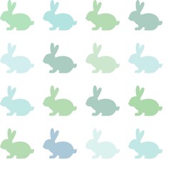 Seamless abstract pattern with Easter rabbits of different blue and green tints. White background.