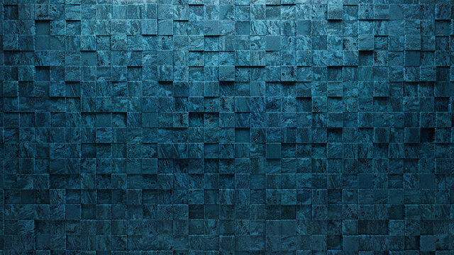 Polished, Textured Wall background with tiles. Square, tile Wallpaper with 3D, Blue Patina blocks. 3D Render