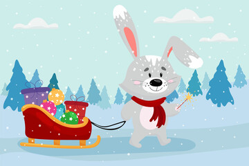 Cute hare in a santa hat carrying christmas gifts on a sleigh