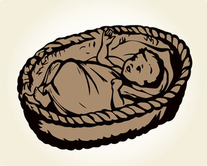 Little baby in a basket. Vector drawing