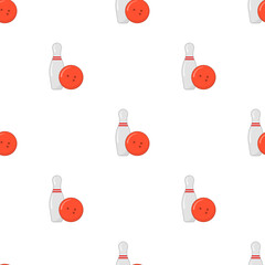 Bowling ball and skittles cartoon icon. Seamless pattern. Simple isolated vector on a clean white background.