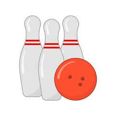 Cartoon icon of a bowling ball and three pins. A simple isolated vector on a pure white background.