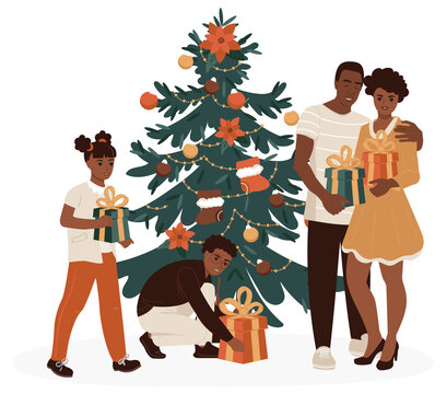Young African American family at the Christmas tree open boxes with gifts for the New Year. Flat vector isolated illustration