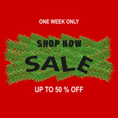 Sales in the New Year's store are now at a 50% discount, on a red background and with a Christmas tree twig