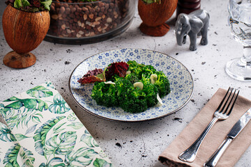 Fresh boiled broccoli garnish on decorated background
