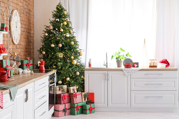 Interior of beautiful modern kitchen with Christmas decor