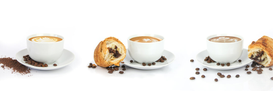 3 cups of coffee on white plates with cafe latte and croissants with chocolate, coffee seeds and powder on white isolated background. Render graphic done in studio.