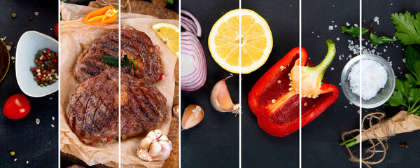 Collage made of delicious prepared meat steaks with seasoning and herbs on dark background.