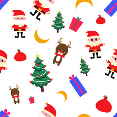 Seamless Christmas background with Santa, gifts, trees, star, reindeer, bag and moon.. Minimal template design for card, poster, banner or etc. Vector illustration.