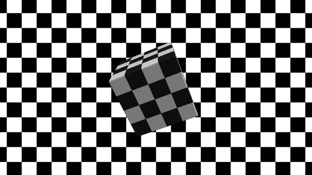 Abstract 3d Optical illusion checkerboard, checker cube texture pattern rotating. Animation video background chess black and white pattern