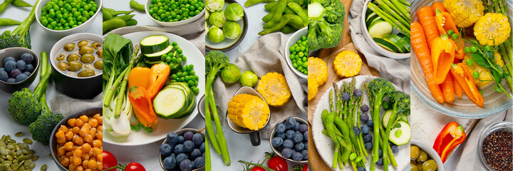 Collage made of Healthy plant based food, best protein source on light grey background.