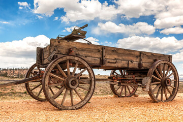 Old fashioned horse-drawn wagon, pioneer style. Vintage Americana buggy as used in the wild west, California - obrazy, fototapety, plakaty