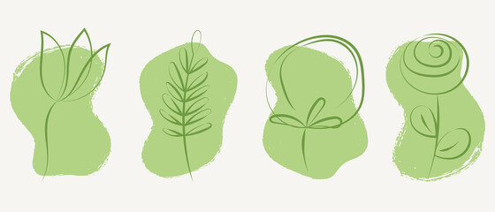 Green leaf icons set with line art and abstract shapes with brush stroke effect. Concept of eco, bio, zero waste, organic, vegan, healthy, natural products. Cotton flower, abstract leaf vector label.