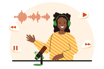 Vector flat illustration of a podcaster speaking into a microphone. Smiling African American woman with headphones is recording an audio podcast or online show. Podcasting broadcasting concept vector 