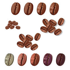 Set of green brown black coffee beans isolated realistic seeds simple