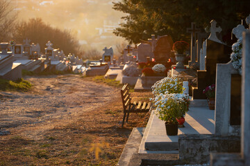 Cemetery in magic sunset light