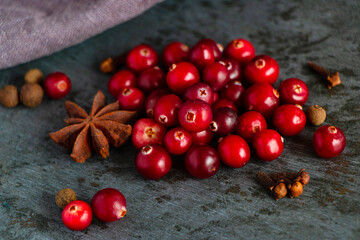Red cranberries with mulled wine spices for Christmas and New Year recipes