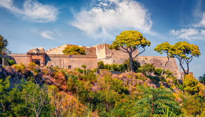 Bright view of Aragonese Castle of Baia, Italy, Europe. Captivating morning scene of Italian...